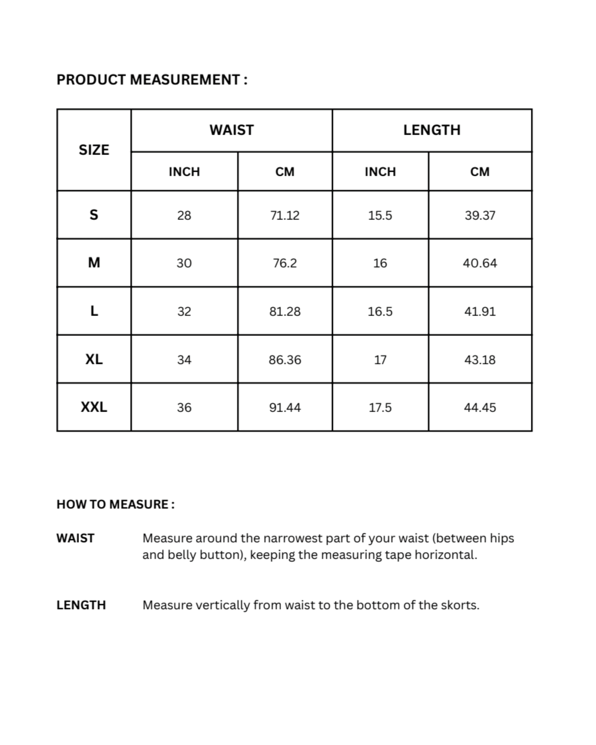 Womens Skorts size chart
