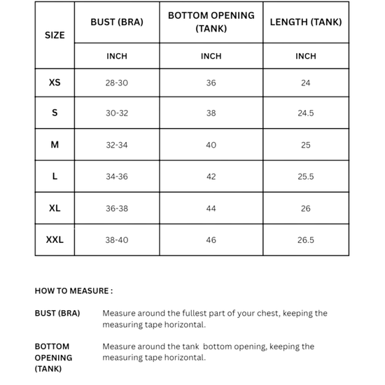 Womens Sports Bra Tank Combo size chart