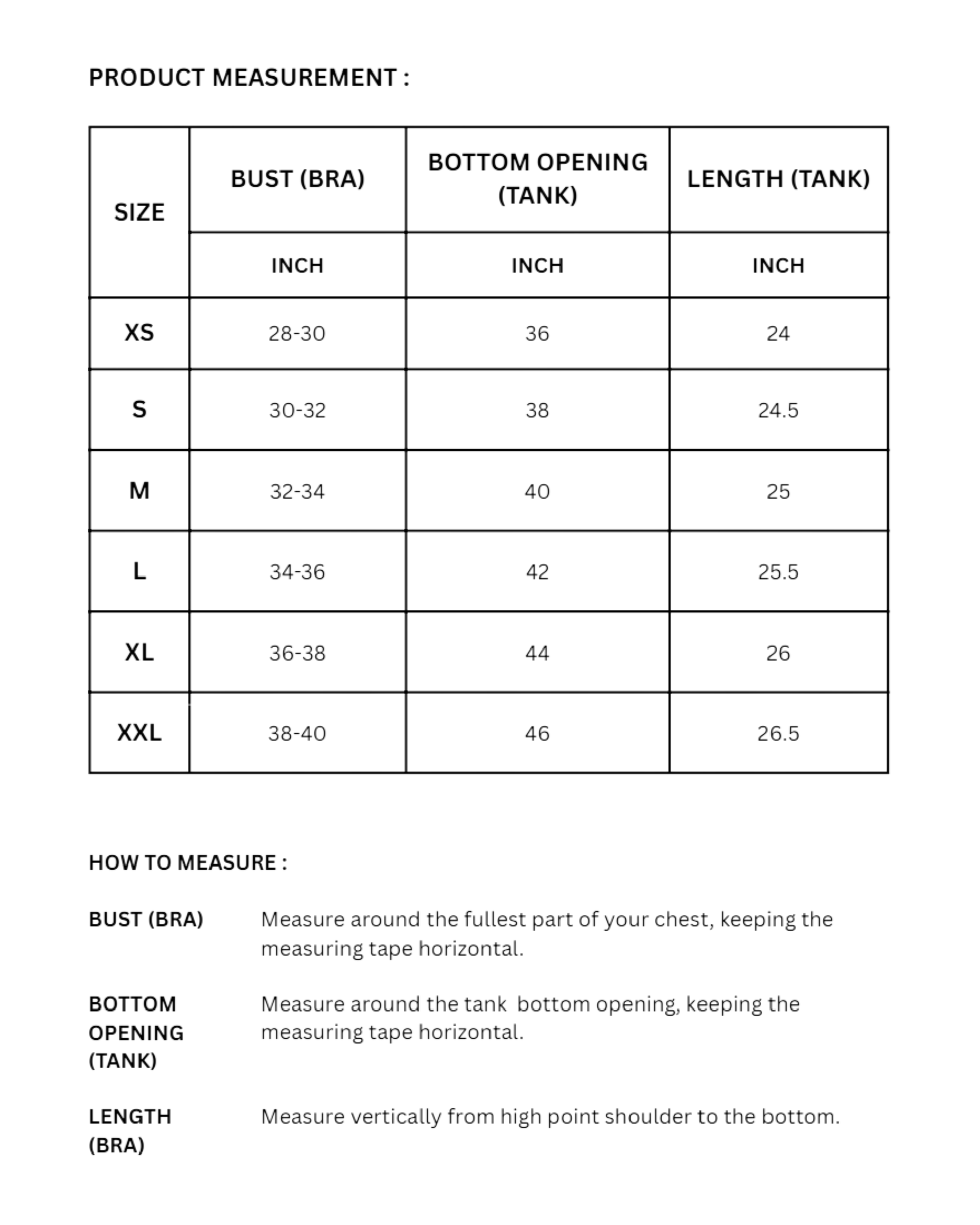 Womens Sports Bra Tank Combo size chart