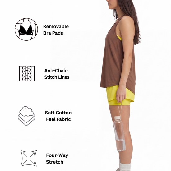 Athena Womens Tank Top Sports Bra Combo - Brown & Yellow, feature callouts