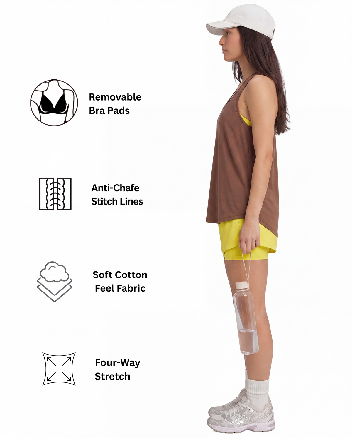 Athena Womens Tank Top Sports Bra Combo - Brown & Yellow, feature callouts
