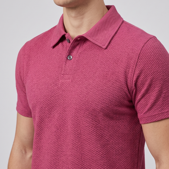 Close-up of the collar and placket on a wine textured bubble-knit polo shirt
