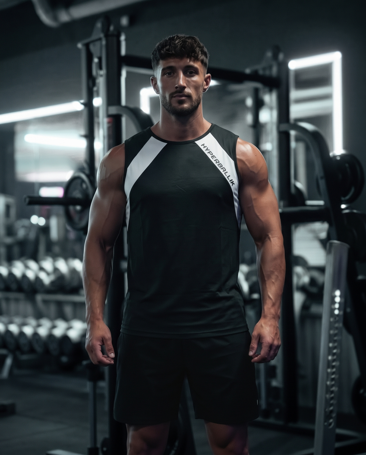 Man wearing a black Breezeflow tank top with white contrast shoulder panels, front view in a dark gym
