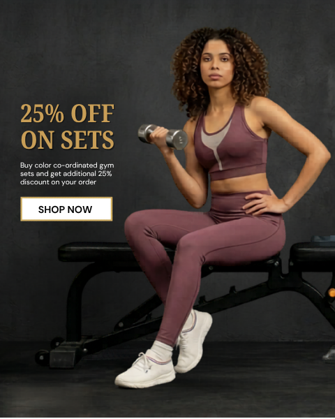 Woman in gym attire holding a dumbbell with promotional text on a dark background